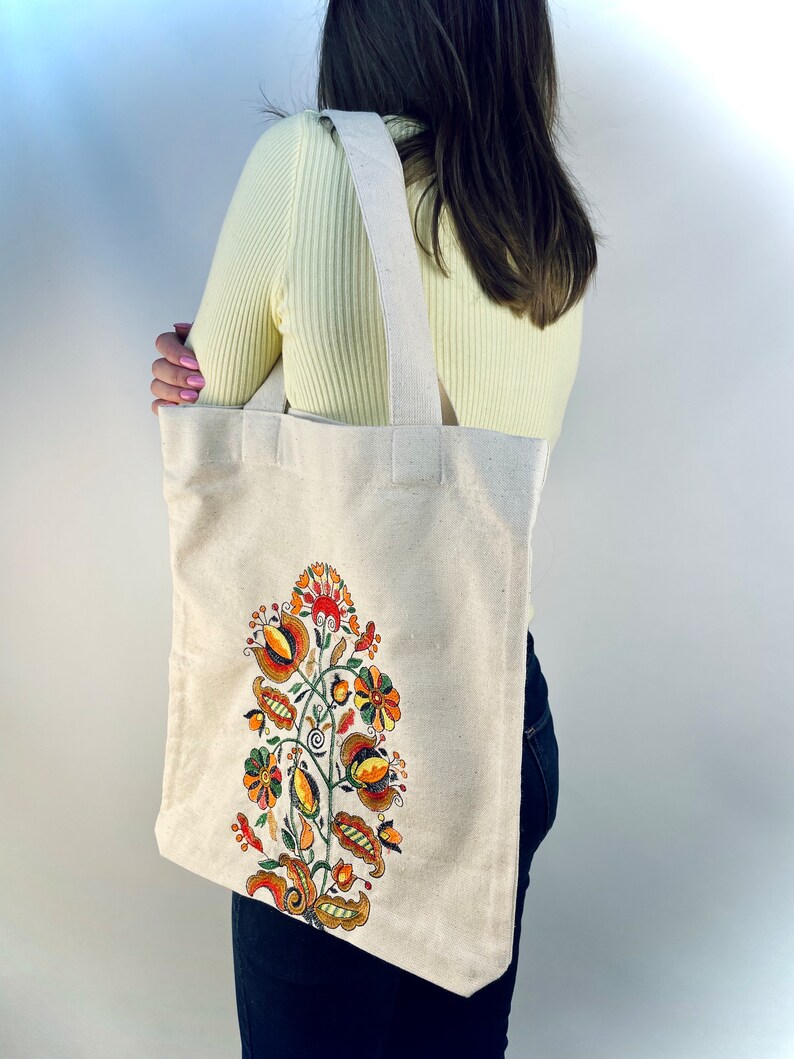 Embroidered Canvas Tote Bag with Folk Floral Design, Handmade Cotton Shopping Bag, Eco Friendly Everyday Tote