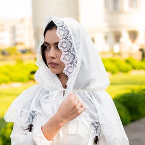 White hooded chapel veil with scalloped lace trim, Catholic prayer hood for mass and worship, Modest church head covering for women