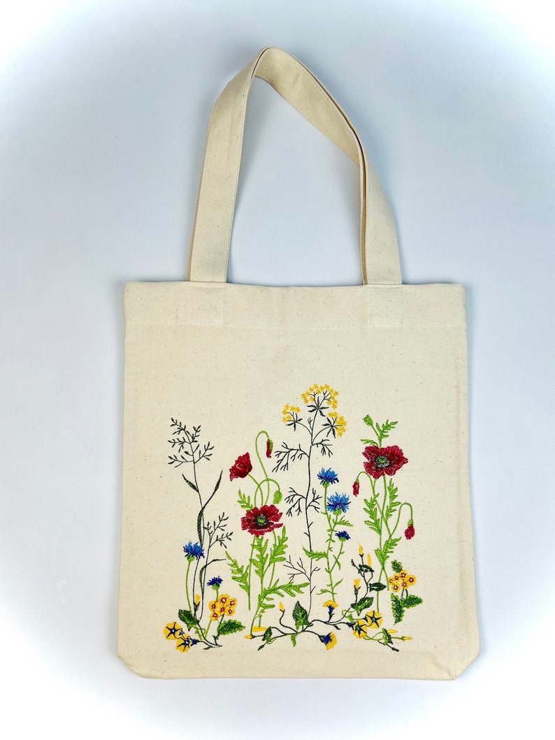 Embroidered Canvas Tote Bag with Wildflower Design