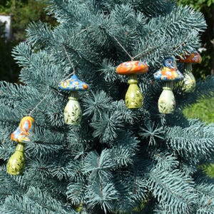 Hand painted wooden mushroom garland ornaments, Ukrainian folk floral Christmas tree decorations, Rustic woodland holiday set for mantel