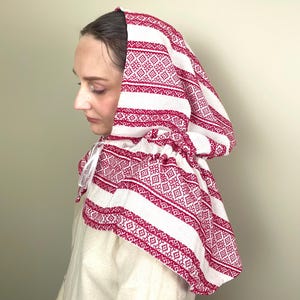 Red woven folk head scarf with geometric pattern, Traditional cotton scarf for women