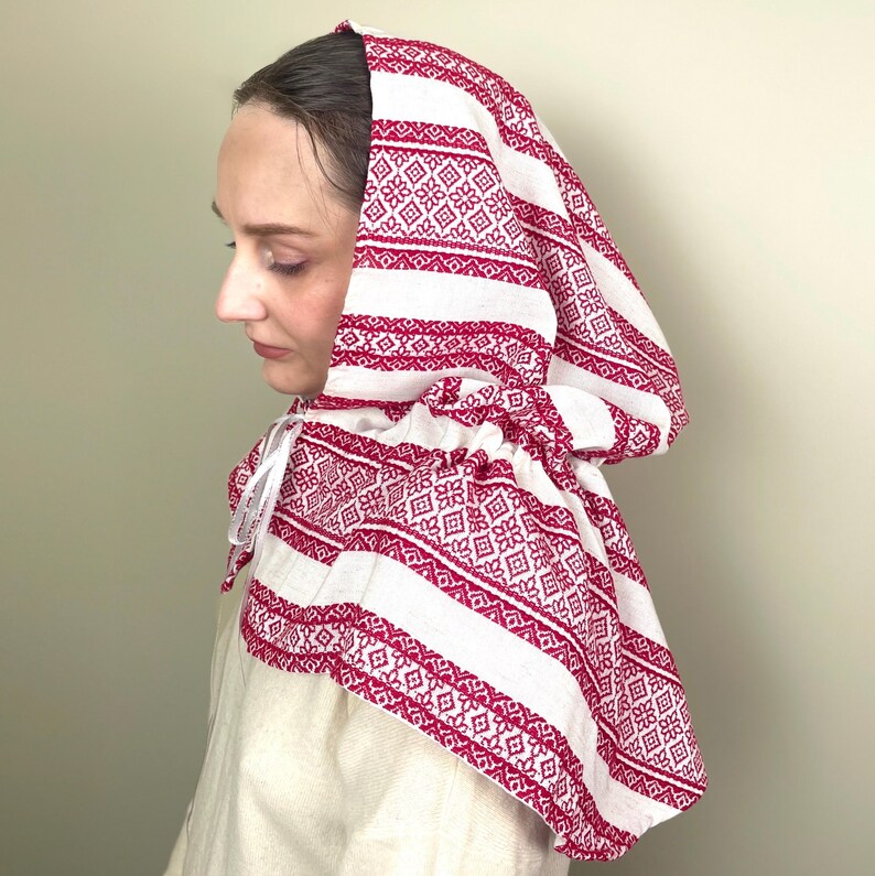 Red woven folk head scarf with geometric pattern, Traditional cotton scarf for women