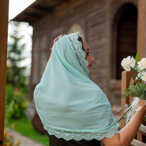 Mint green lace chapel veil