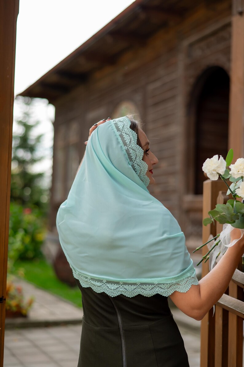 Mint green lace chapel veil
