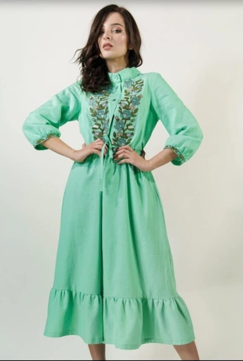 Mint Green Linen Embroidered Midi Dress with Floral Vyshyvanka Motifs, Button Front Belted Shirt Dress, Ruffle Hem, 3/4 Sleeves, Boho Chic