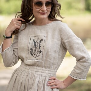 Natural Linen Midi Dress with Botanical Embroidery, 3/4 Sleeves and Elastic Waist – Oatmeal Beige Flax Dress with Pockets, Boho Cottagecore