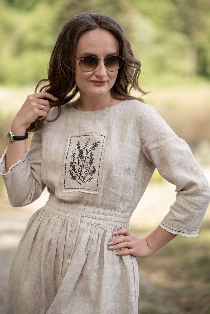 Natural Linen Midi Dress with Botanical Embroidery, 3/4 Sleeves and Elastic Waist – Oatmeal Beige Flax Dress with Pockets, Boho Cottagecore