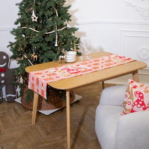 Christmas table runner with three scandinavian gnomes, Red and yelllow nordic holiday dining decor, Cotton long table topper