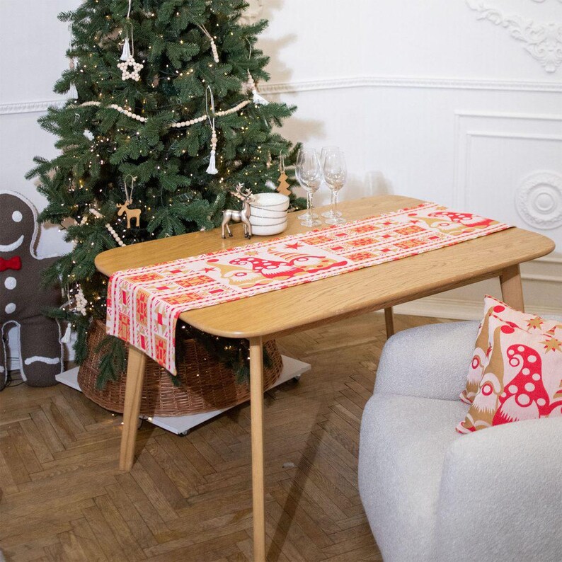 Christmas table runner with three scandinavian gnomes, Red and yelllow nordic holiday dining decor, Cotton long table topper