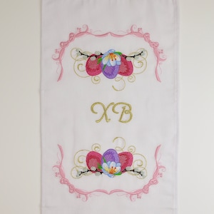 Orthodox Easter Basket Cover Towel with XB Embroidery, Lace Trim, Floral Eggs and Pussy Willow, Slavic Rushnyk for Blessing & Decor