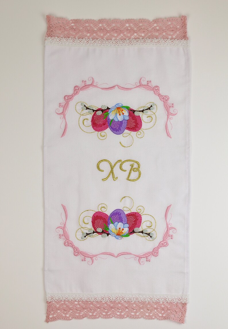 Orthodox Easter Basket Cover Towel with XB Embroidery, Lace Trim, Floral Eggs and Pussy Willow, Slavic Rushnyk for Blessing & Decor