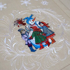 Festive beige cotton centerpiece cover with holiday winter scenes