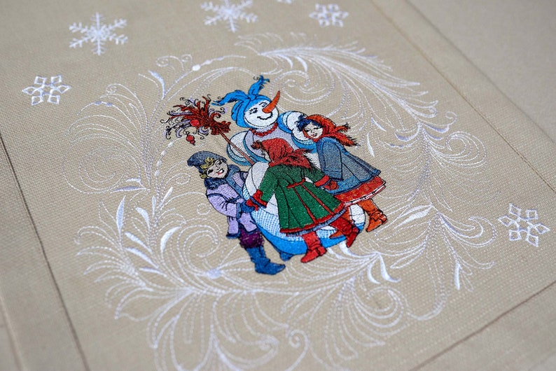 Festive beige cotton centerpiece cover with holiday winter scenes