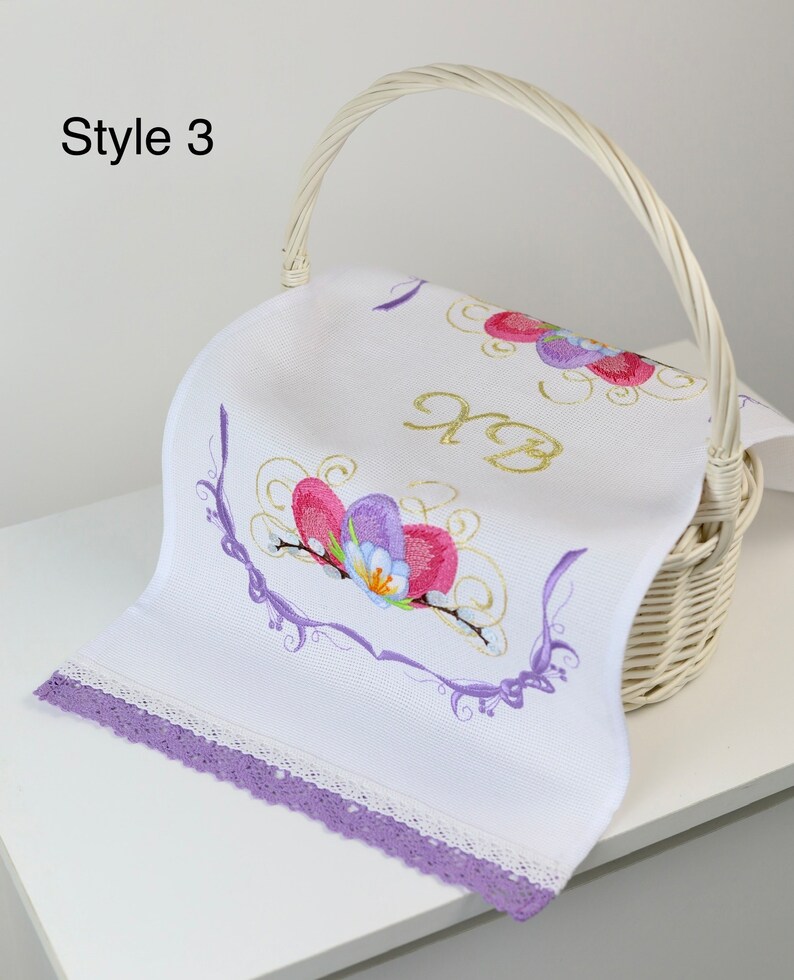 Embroidered Easter Basket Cover with Lace, Orthodox Pascha Towel, Floral Egg Design Cloth Liner, Spring Basket Blessing Decor