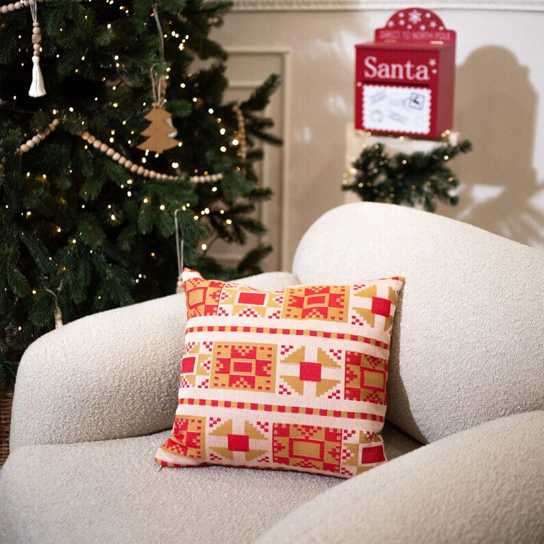 Christmas pillowcase 40x40 cm with three scandinavian gnomes, Red and Yellow nordic cushion cover, Holiday throw pillow cover with zipper