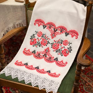 Ukrainian Embroidered Rushnyk Towel with Red Roses and Lace, Traditional Folk Cross Stitch Linen Decor, Wedding Ritual Cloth