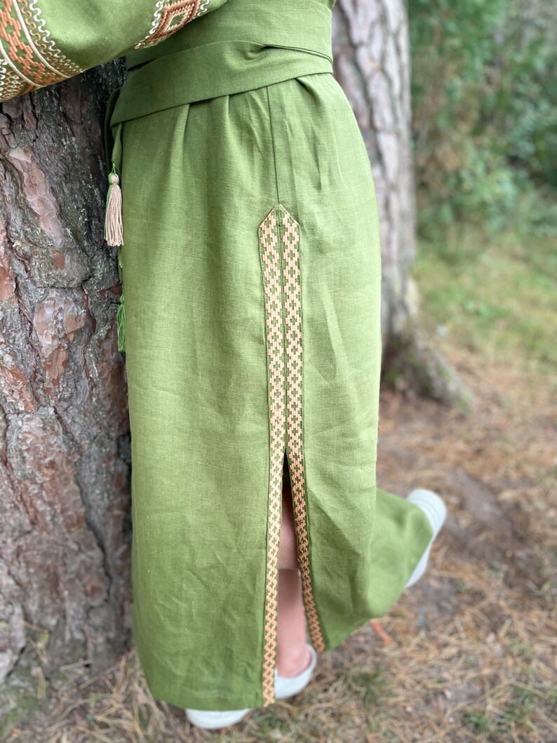 Green Linen Dress with Embroidered Details