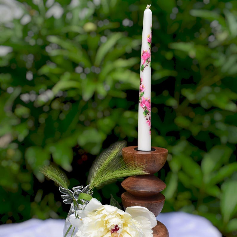 Hand painted floral taper candle with pink blossoms, Elegant decorative candle for gifts, Home decor or ceremony use, 22cm height