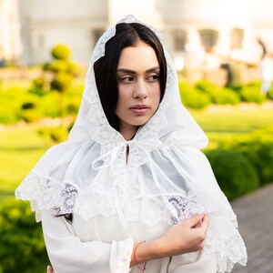 White hooded chapel veil with scalloped lace trim, Catholic prayer hood for mass and worship, Modest church head covering for women