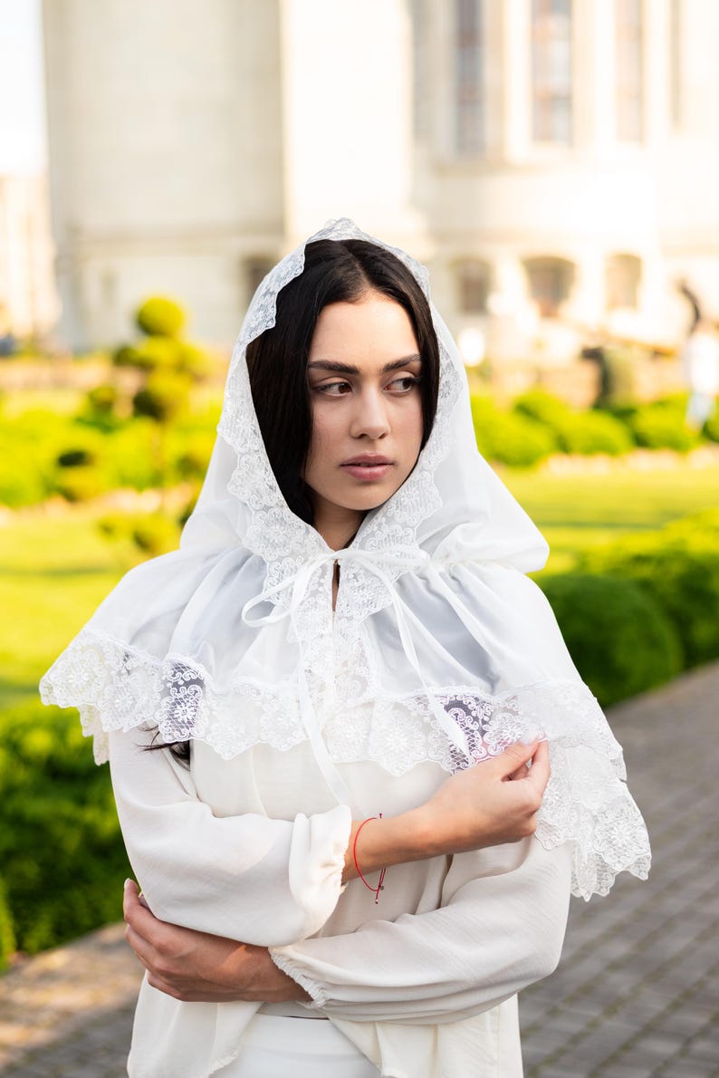 White hooded chapel veil with scalloped lace trim, Catholic prayer hood for mass and worship, Modest church head covering for women