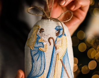 Embroidered linen nativity ornament, Eco-friendly Christmas décor, Handmade Holy Family ornament, Religious Christmas ornament, XMAS gifts