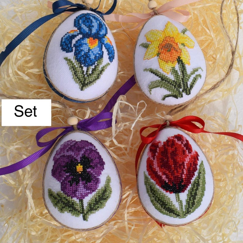 Set of 4 handmade embroidered floral Easter eggs