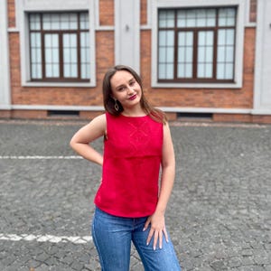 Red linen sleeveless blouse with traditional Ukrainian stitch embroidery