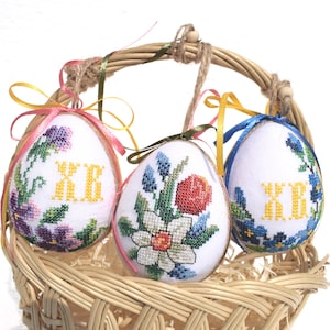 Set of 3 Handmade Embroidered Easter Eggs – Folk Floral Cross-Stitch Ornaments with “XB”, Traditional Easter Decor