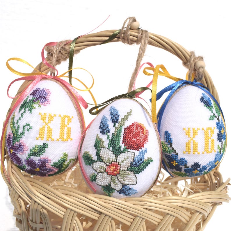Set of 3 Handmade Embroidered Easter Eggs – Folk Floral Cross-Stitch Ornaments with “XB”, Traditional Easter Decor