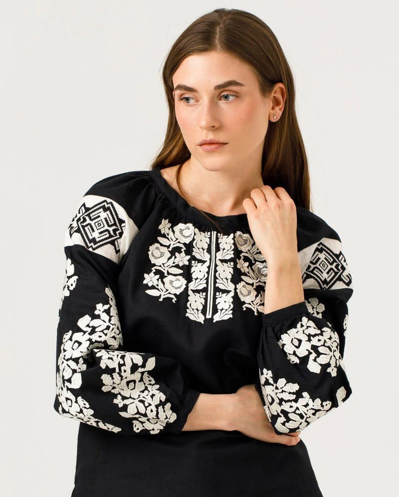 Black embroidered vyshyvanka blouse for women, White floral Ukrainian embroidery, Boho linen shirt, Traditional folk style top
