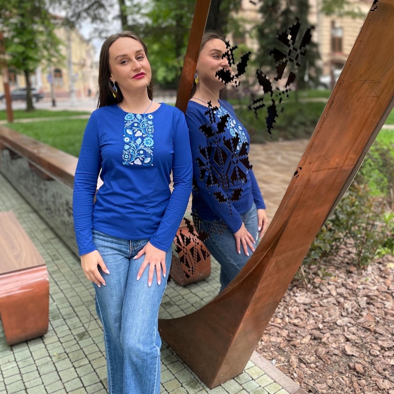 Blue long sleeve shirt with Ukrainian folk embroidery print, Floral slavic design top, Comfortable casual blouse with traditional motifs