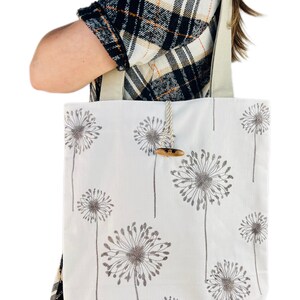 Linen tote bag with dandelion print and wooden button