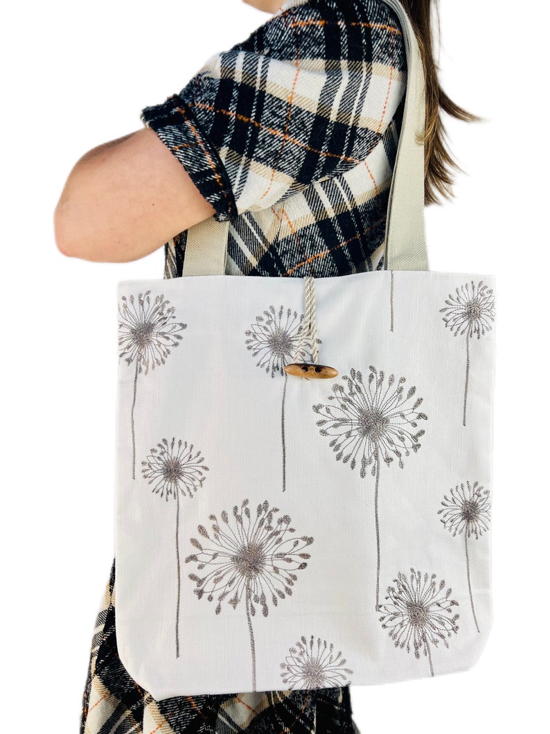 Linen tote bag with dandelion print and wooden button
