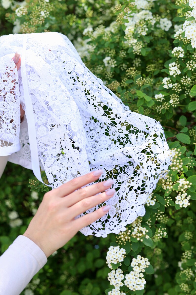 Lace Head Covering with Floral Pattern, Symbolic White Textile Accessory, Decorative Veil for Cultural Styling and Photography