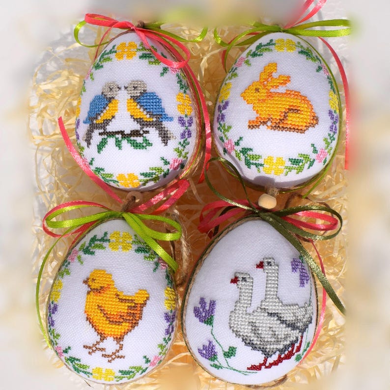 Set of 4 Handmade Embroidered Easter Egg Ornaments with Farm Animal Designs – Rustic Spring Decor Featuring Birds Rabbit Chicken and Goose