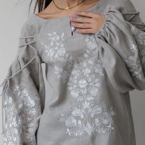Linen embroidered blouse in taupe gray