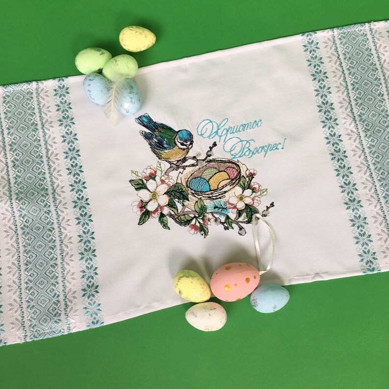 Ukrainian Easter embroidered towel, Easter bird, Titmouse in the Field Flowers, Ukrainian Basket Towel, Easter rushnyk, Easter gift image 4