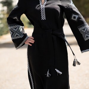 Black Embroidered Linen Dress, Ukrainian Vyshyvanka Maxi Dress, Boho Ethnic Long Dress with Belt, Folk Style vyshyvanka