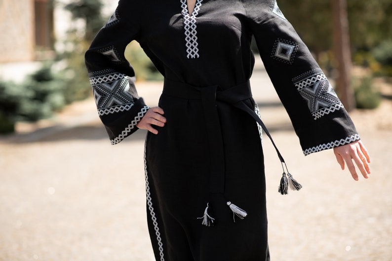 Black Embroidered Linen Dress, Ukrainian Vyshyvanka Maxi Dress, Boho Ethnic Long Dress with Belt, Folk Style vyshyvanka