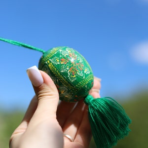 Hand-painted Ukrainian pysanka Easter egg ornaments with tassels