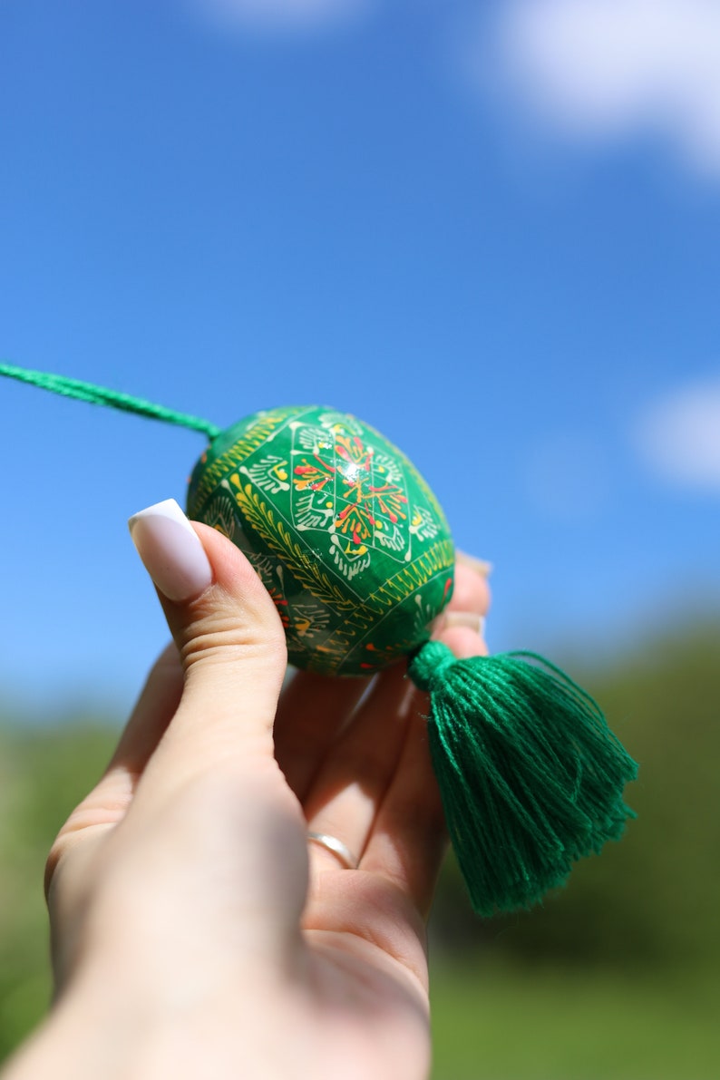 Hand-painted Ukrainian pysanka Easter egg ornaments with tassels