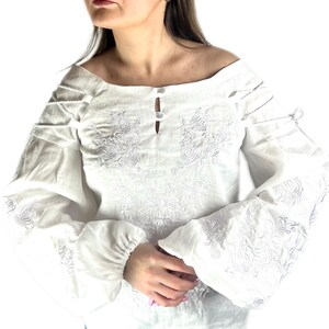 White Linen Embroidered Blouse, Ukrainian Vyshyvanka Top, Boho Off Shoulder Shirt, Floral White on White vyshyvanka