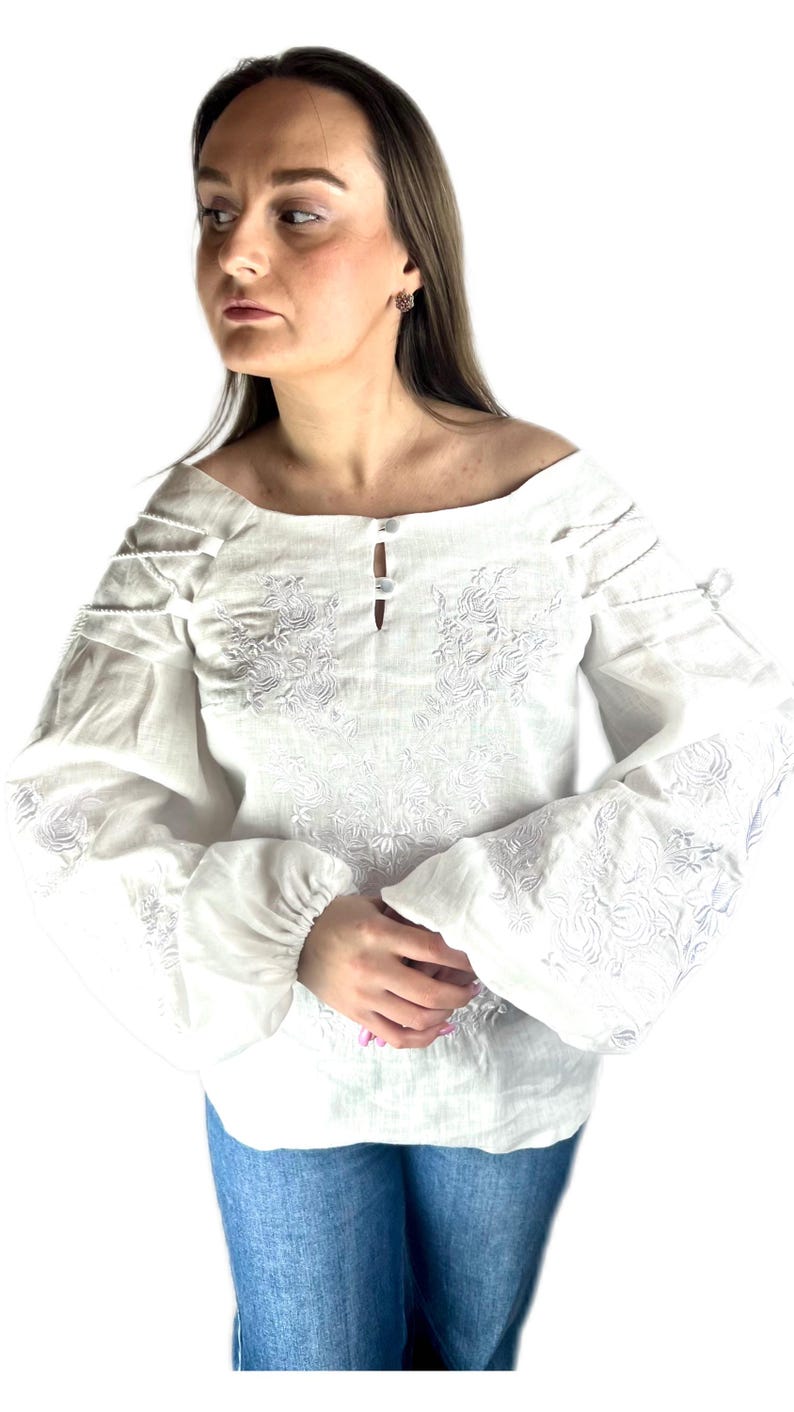 White Linen Embroidered Blouse, Ukrainian Vyshyvanka Top, Boho Off Shoulder Shirt, Floral White on White vyshyvanka
