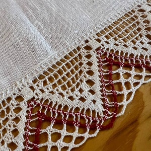 Linen Table Runner with Embroidered Red Berries and Crochet Lace