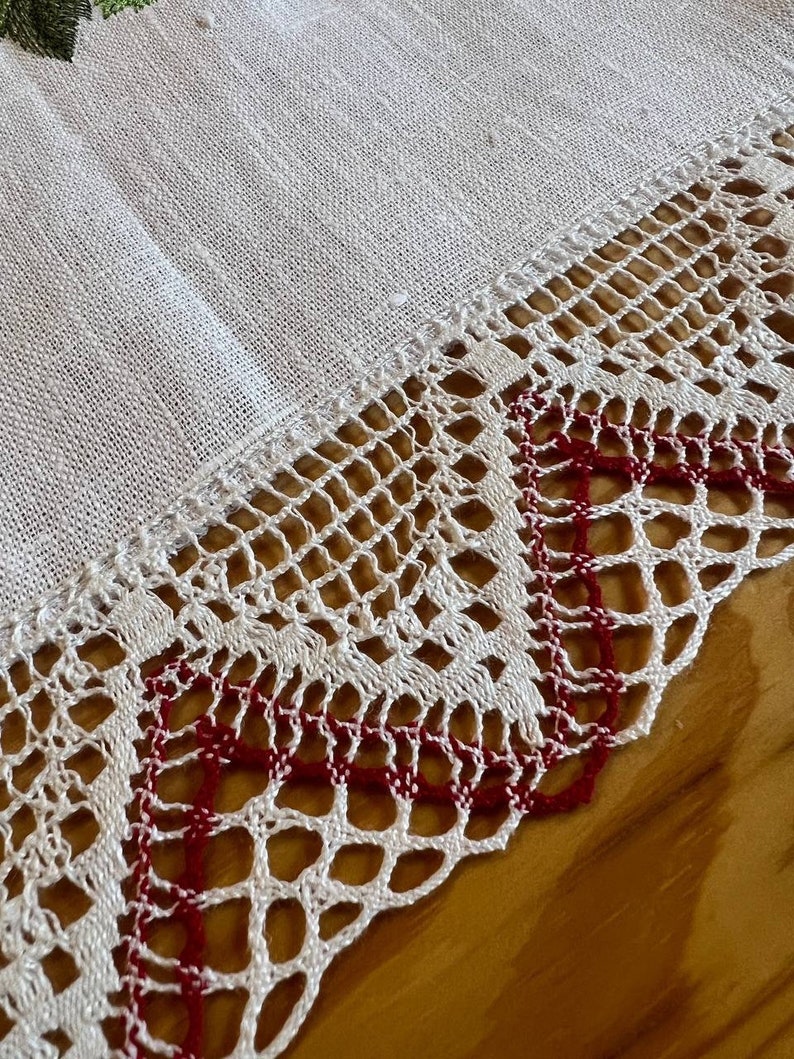 Linen Table Runner with Embroidered Red Berries and Crochet Lace