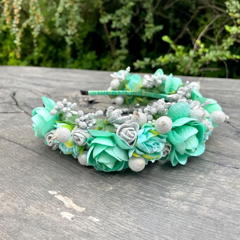 Mint Green Floral Headband with Silver Accents, Handmade Flower Crown Hair Accessory for Girls, Bridesmaids, Weddings, Photoshoots