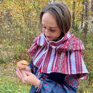 May include: A woman wearing a traditional embroidered cape and blouse, holding a mushroom with a leaf in a forest setting. The cape features a red and white geometric pattern. The blouse has colorful floral embroidery.