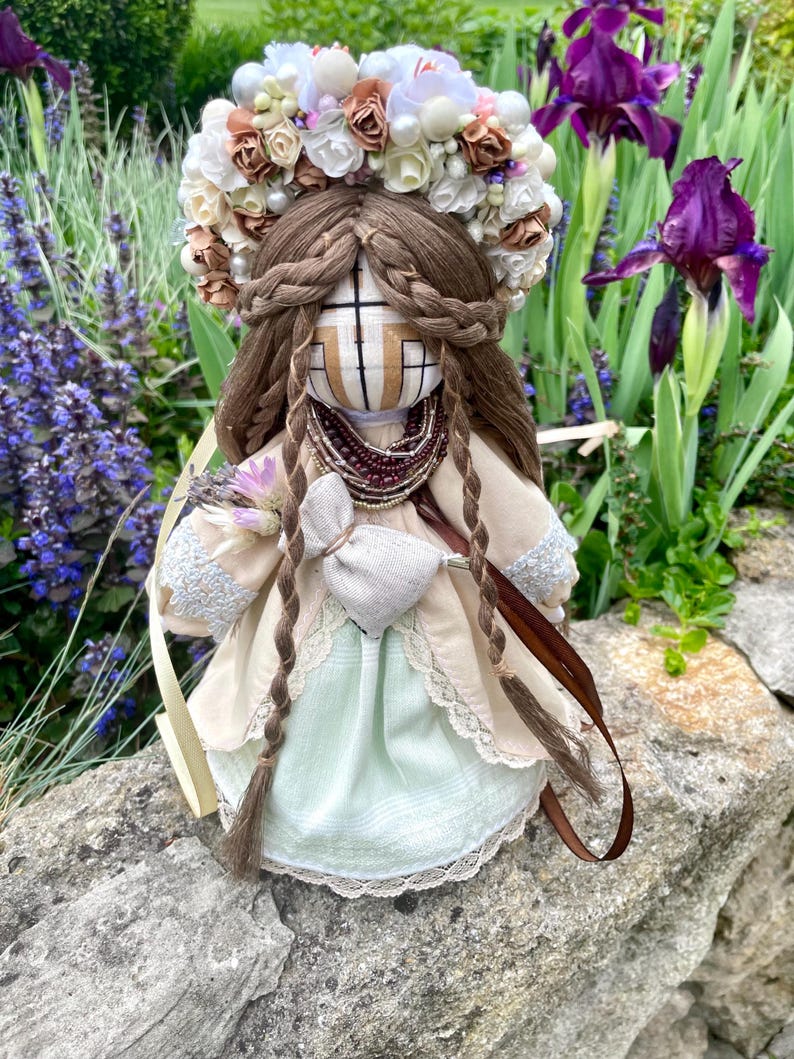 Handmade Ukrainian motanka doll for marriage wish with floral crown