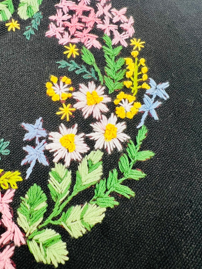 Handmade black tote bag with floral embroidery