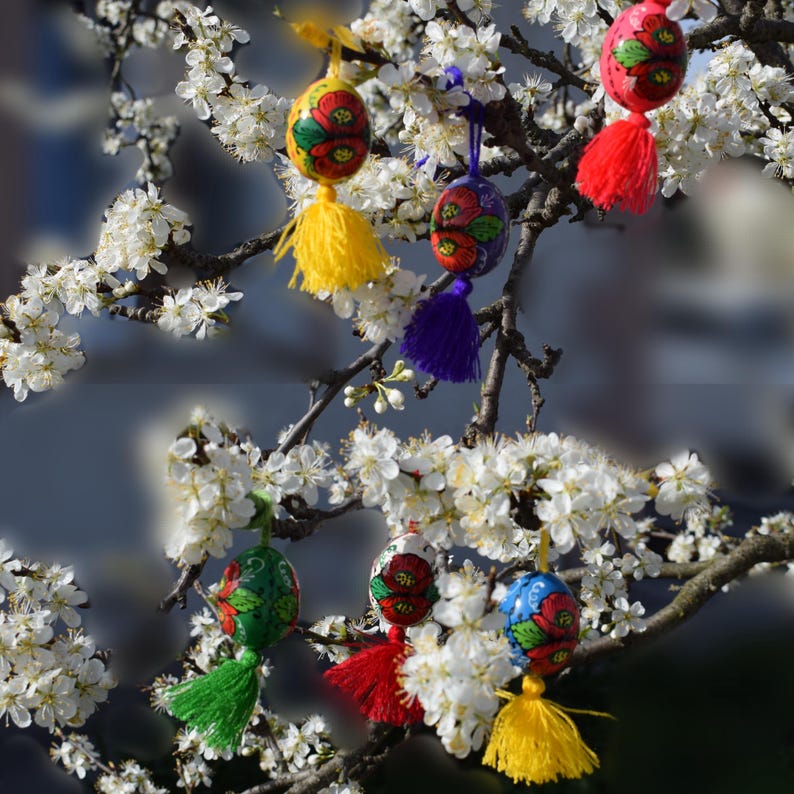 Mini hand painted floral Easter egg ornaments with tassel